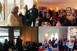 [ai] A collage of four images depicting social gatherings. The top left shows a speaker addressing a group, while the top right features a crowd listening intently. The bottom left highlights an intimate setting with a small group, and the bottom right presents a larger gathering.